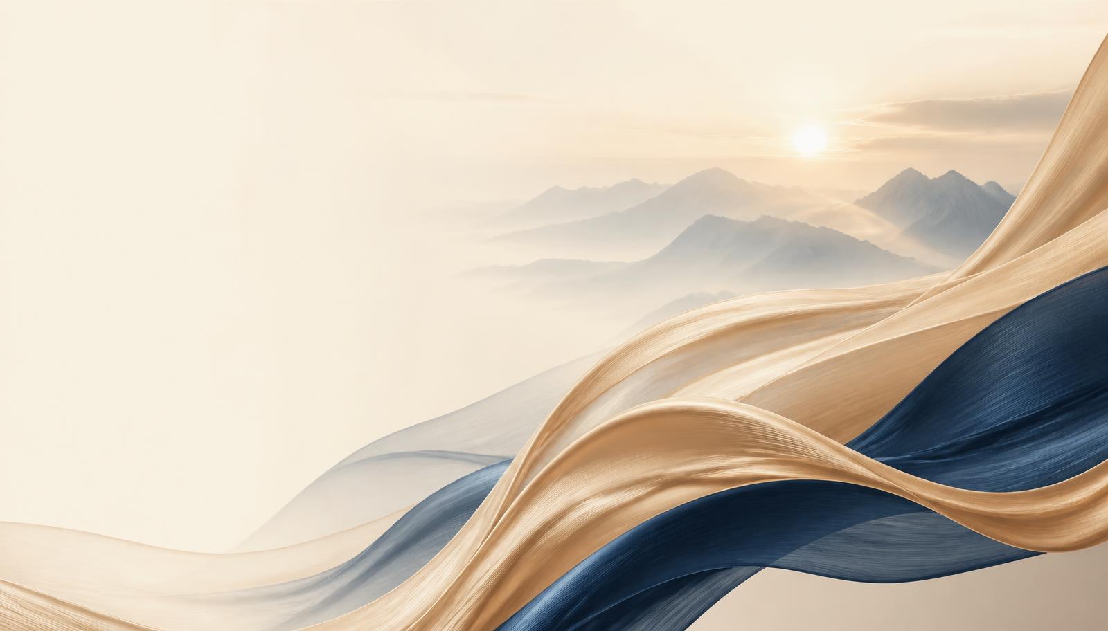 Flowing gold and navy forms crossing a pale sunrise landscape
